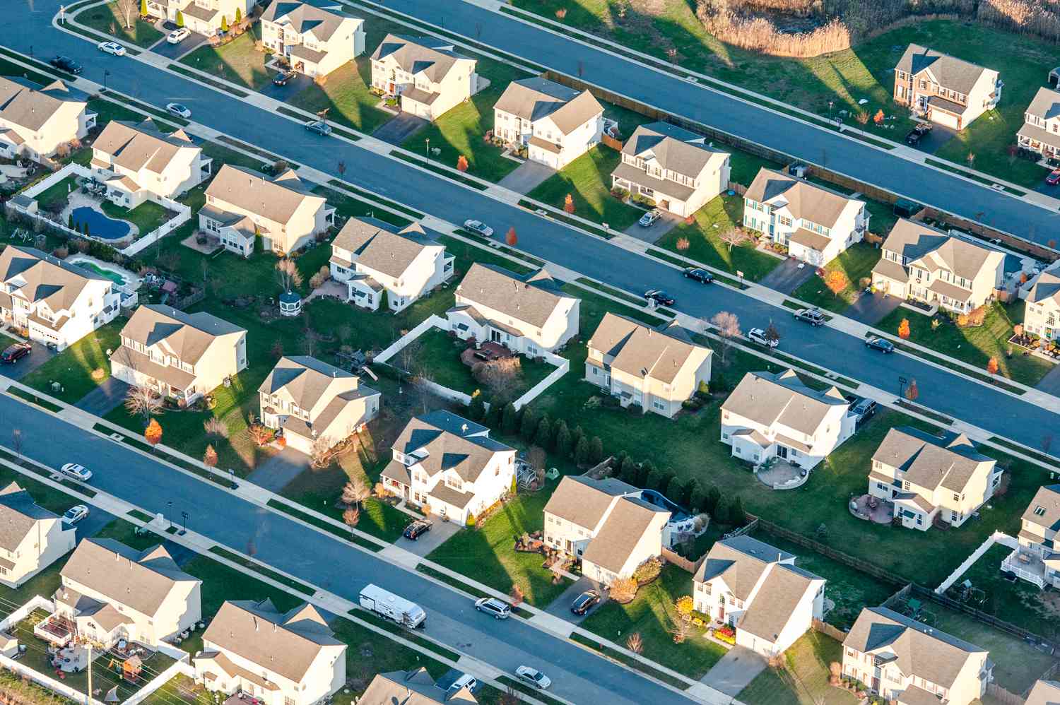 Aerial view of rows of houses over Centerville, Maryland.