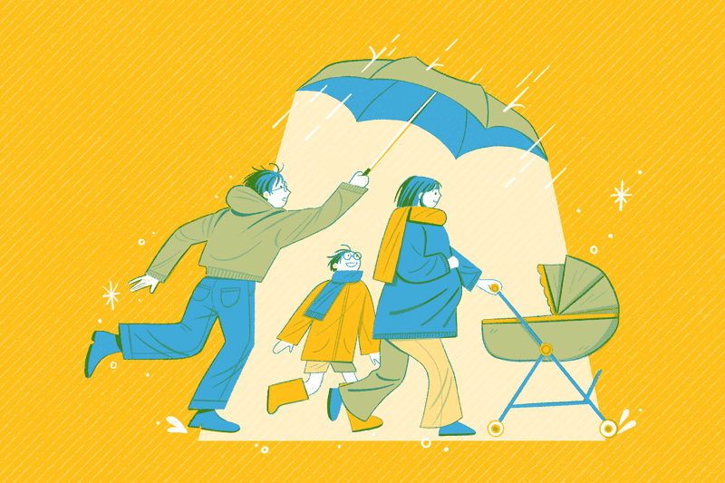 Illustration of a man covering his family with an umbrella.