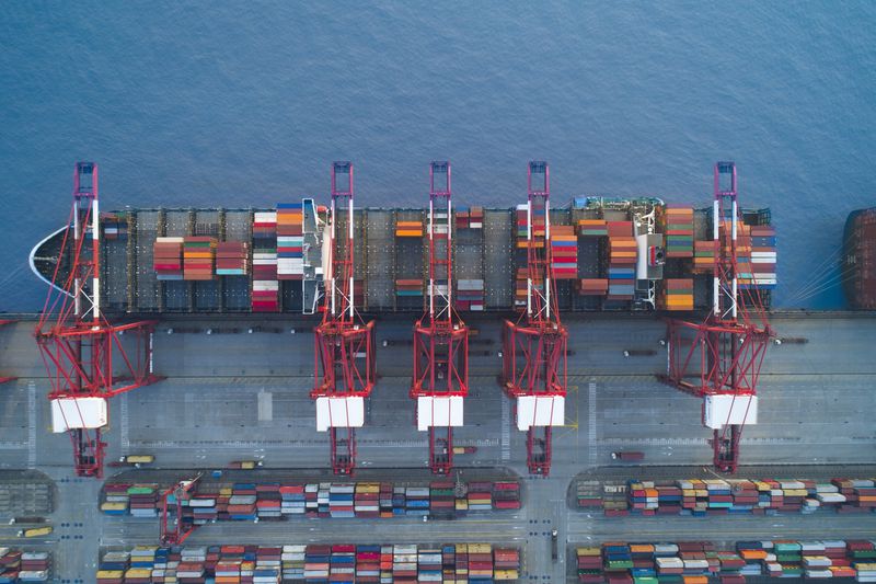 Shanghai,China-Nov 26,2017:aerial view of container ship parking at Yangshan Shanghai Deepwater Container Port,which is the world most busy container port