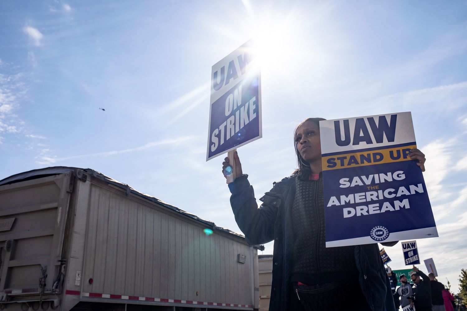 UAW On Strike sign held on a picket line in Michigan.