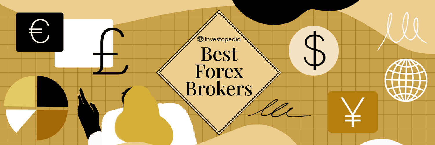 Image shows a person looking at symbols of the euro and British pound with a pie chart underneath on the left-and side, a box containing the Investopedia logo and the words "Best Forex Brokers" in the middle, and a globe outline with symbols of the U.S. dollar and Japanese yen on the right-hand side. 