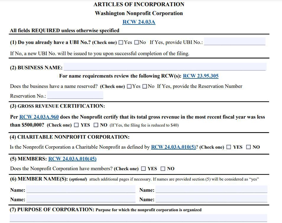 Articles of Incorporation, Sample (WA State)