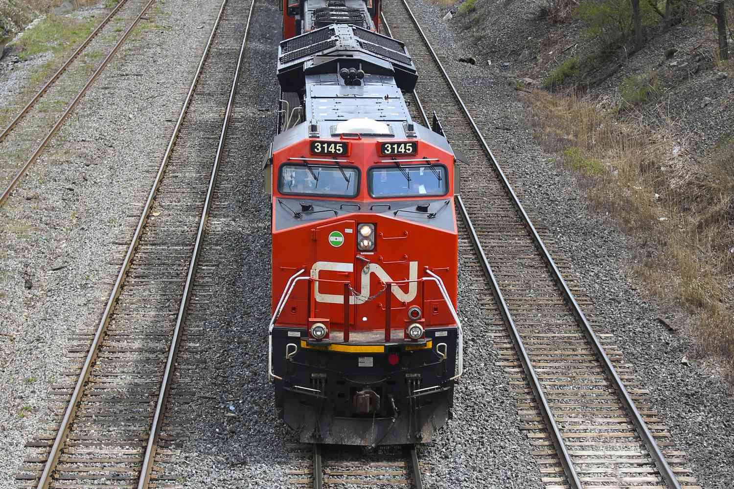 Canadian National Railway locomotive pulls a train in Montreal, Quebec, Canada.