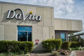 The DaVita logo on the exterior of a building in Houston. 