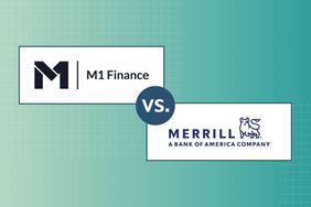 The image shows M1 Finance logo vs Merrill logo, there is a teal background with white square designs