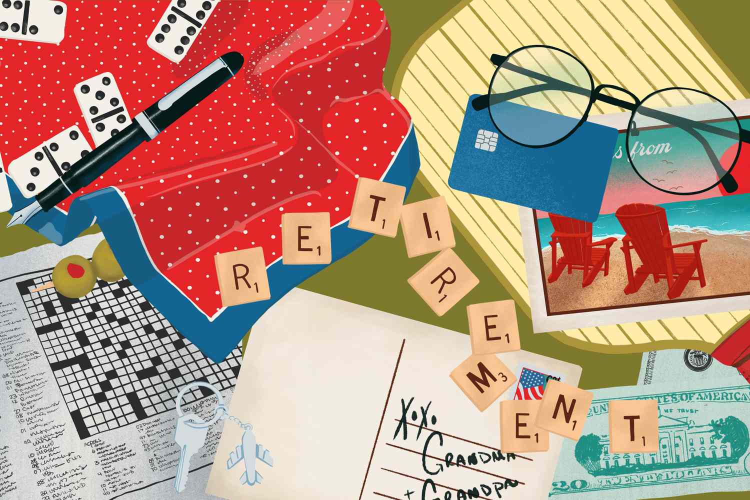 Illustrated collage of retirement related things.