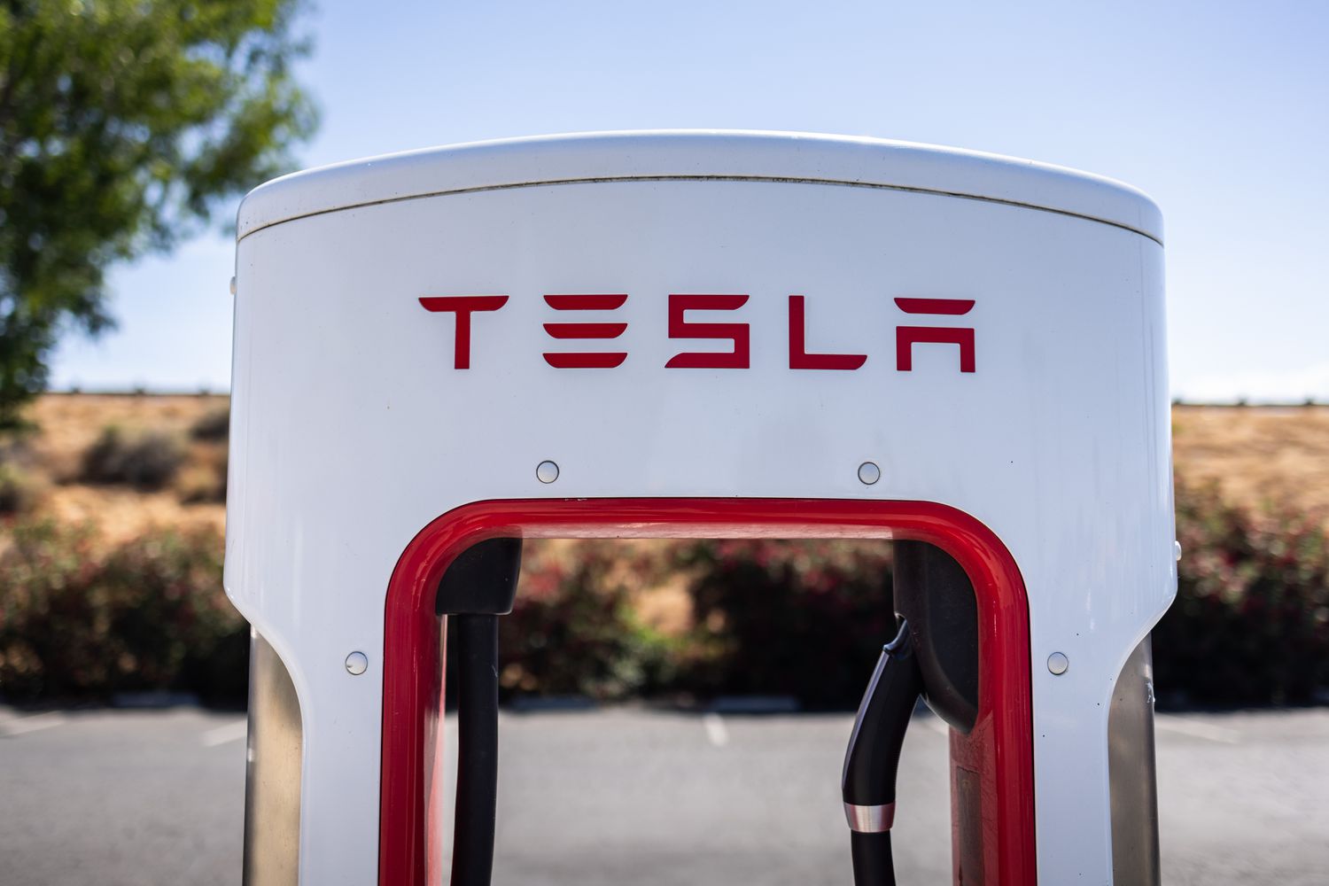 A Tesla supercharger seen on May 10, 2025, in Buttonwillow, California