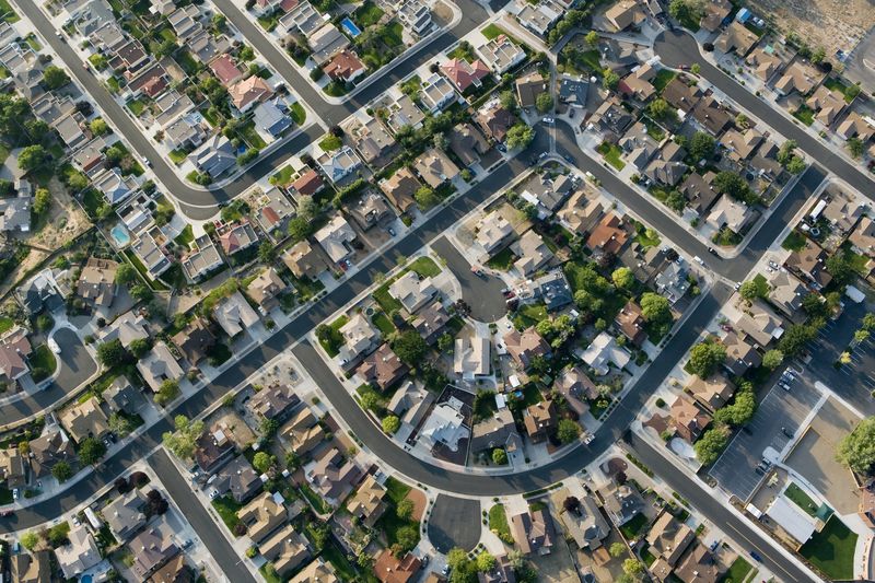 A housing subdivision as seen from an aerial view. 