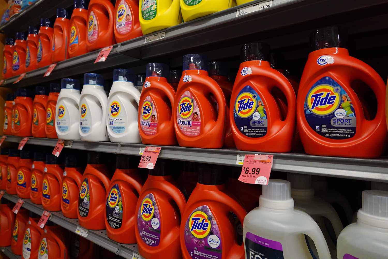 Tide, a laundry detergent owned by the Procter & Gamble company, is seen on a store shelf