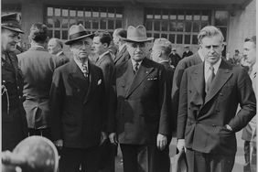 President Harry S. Truman, James F. Byrnes and Henry A. Wallace, taken during the funeral ceremony for Franklin D. Roosevelt.