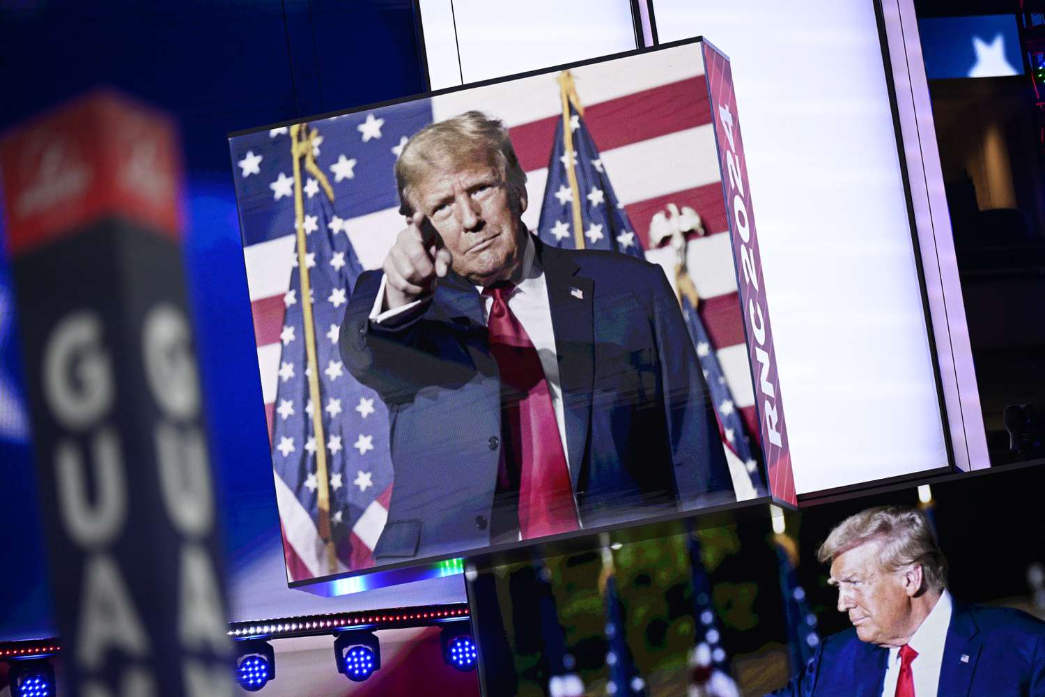 Images of former President Donald Trump on stage in the Fiserv Forum in Milwaukee on Sunday. 