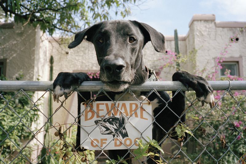 Dog leaning on fence with 'Beware of dog sign