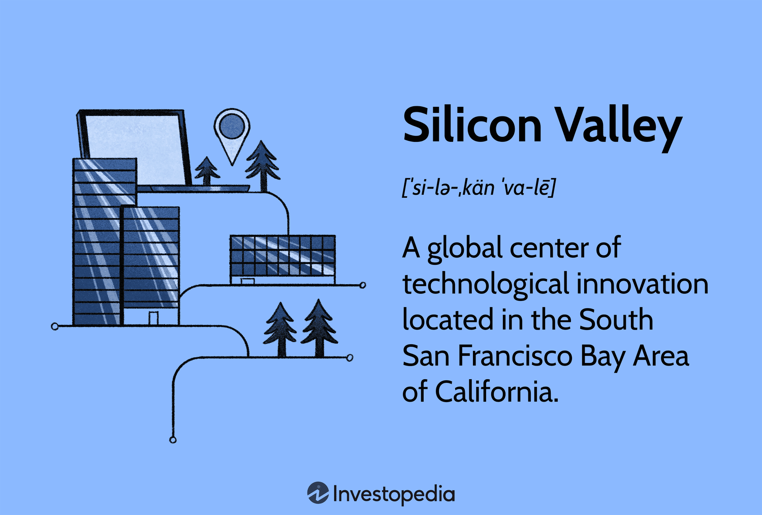 Silicon Valley: A global center of technological innovation located in the South San Francisco Bay Area of California.