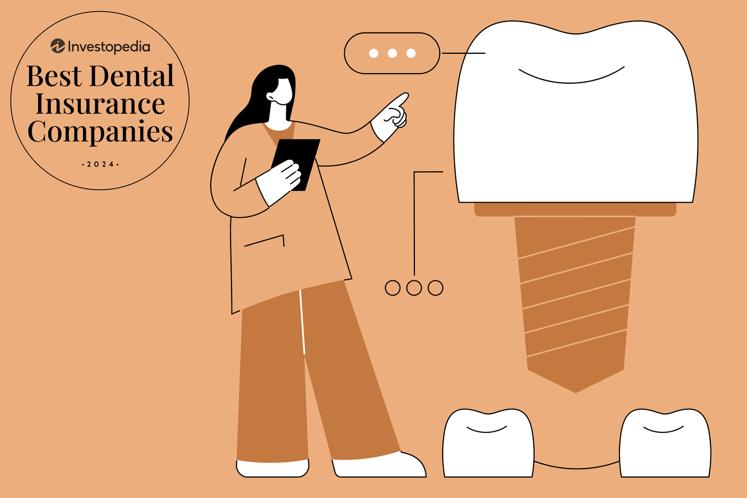 Illustration of a woman in lab coat pointing to giant dental implant, which is hovering over a gap between two other teeth