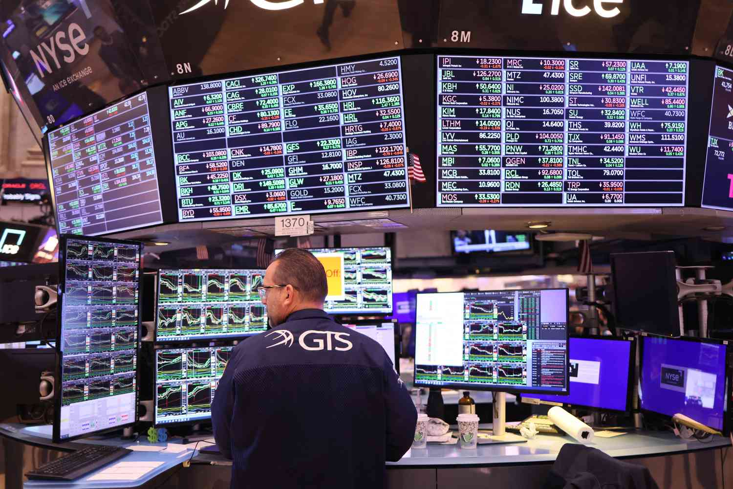 Trader on the floor of the New York Stock exchange looking at multiple screens