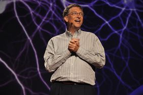 Bill Gates over a lightning background