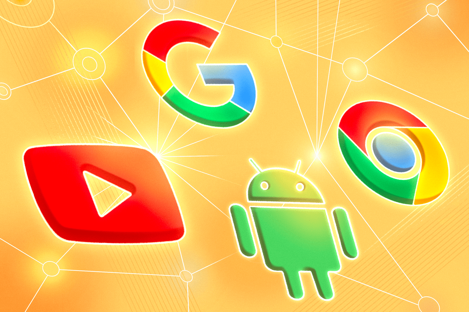 Alphabet's business segment logos including Google, YouTube, Android, and Chrome, in a photo illustration.