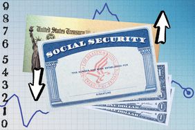 Social Security cards and checks are shown overlaid on a graph of inflation in this composite illustration.