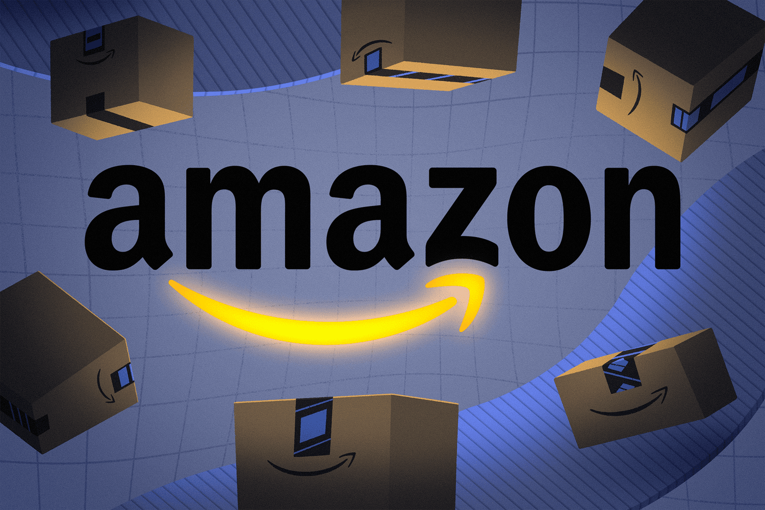 An illustration of the Amazon logo on a blue background, surrounded by a number of Amazon delivery boxes suspended in midair.