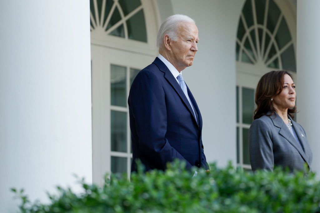 U.S. President Joe Biden and U.S. Vice President Kamala Harris listen as Second gentleman Doug Emhoff speaks at an event celebrating Jewish American Heritage Month in the Rose Garden of the White House on May 20, 2024 in Washington, DC