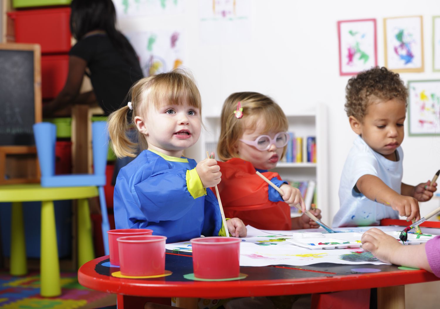 Toddlers painting at day care