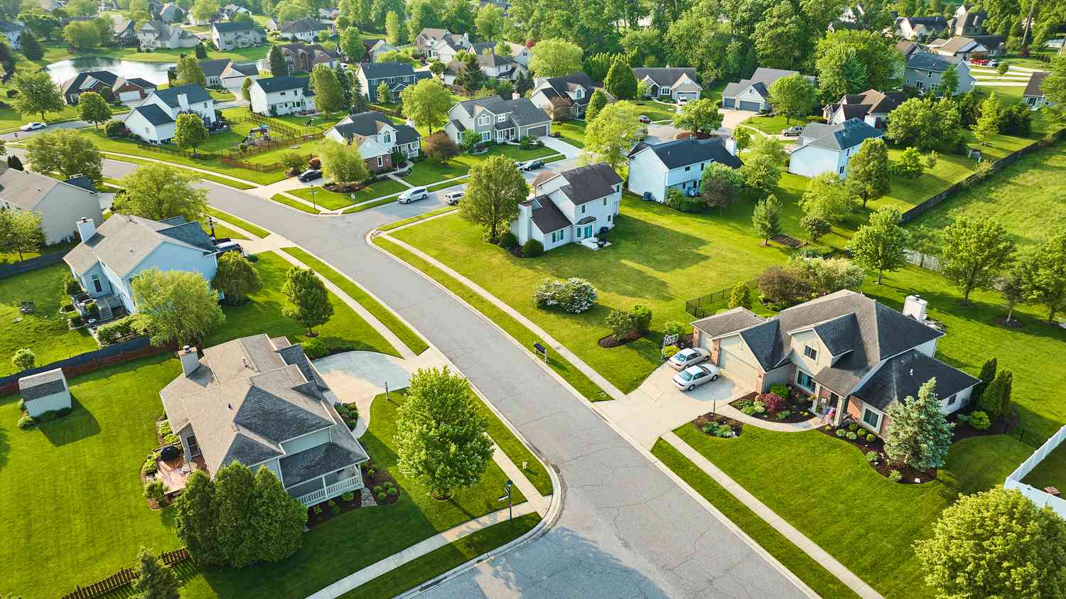 An aerial view of a suburban neighborhood