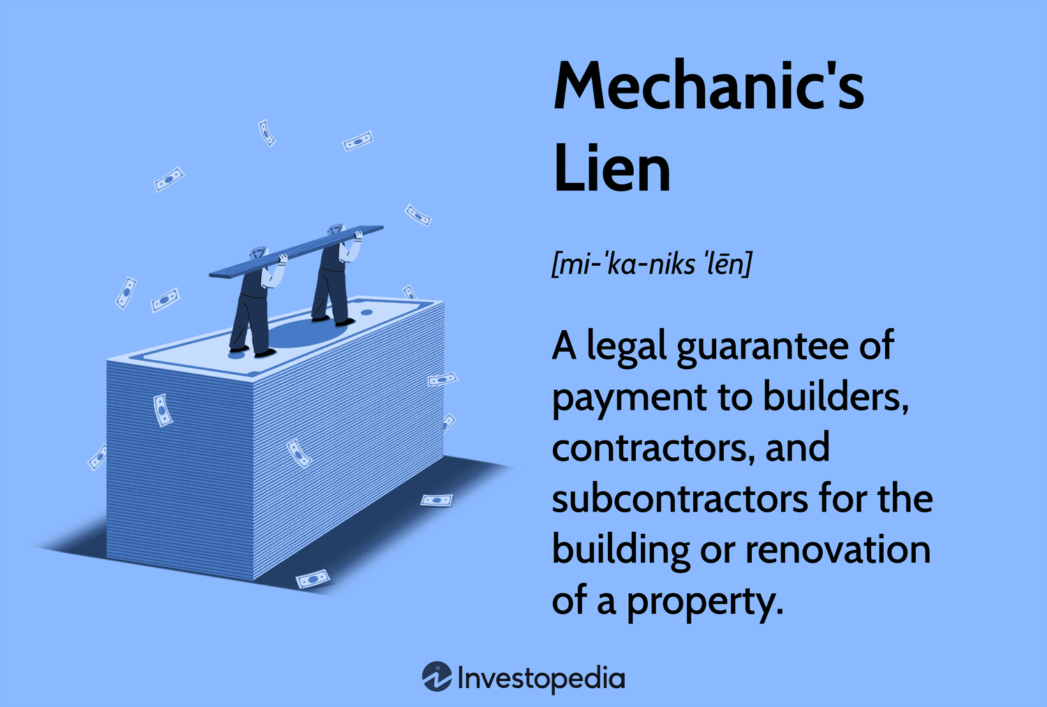 Mechanic's Lien: A legal guarantee of payment to builders, contractors, and subcontractors for the building or renovation of a property.