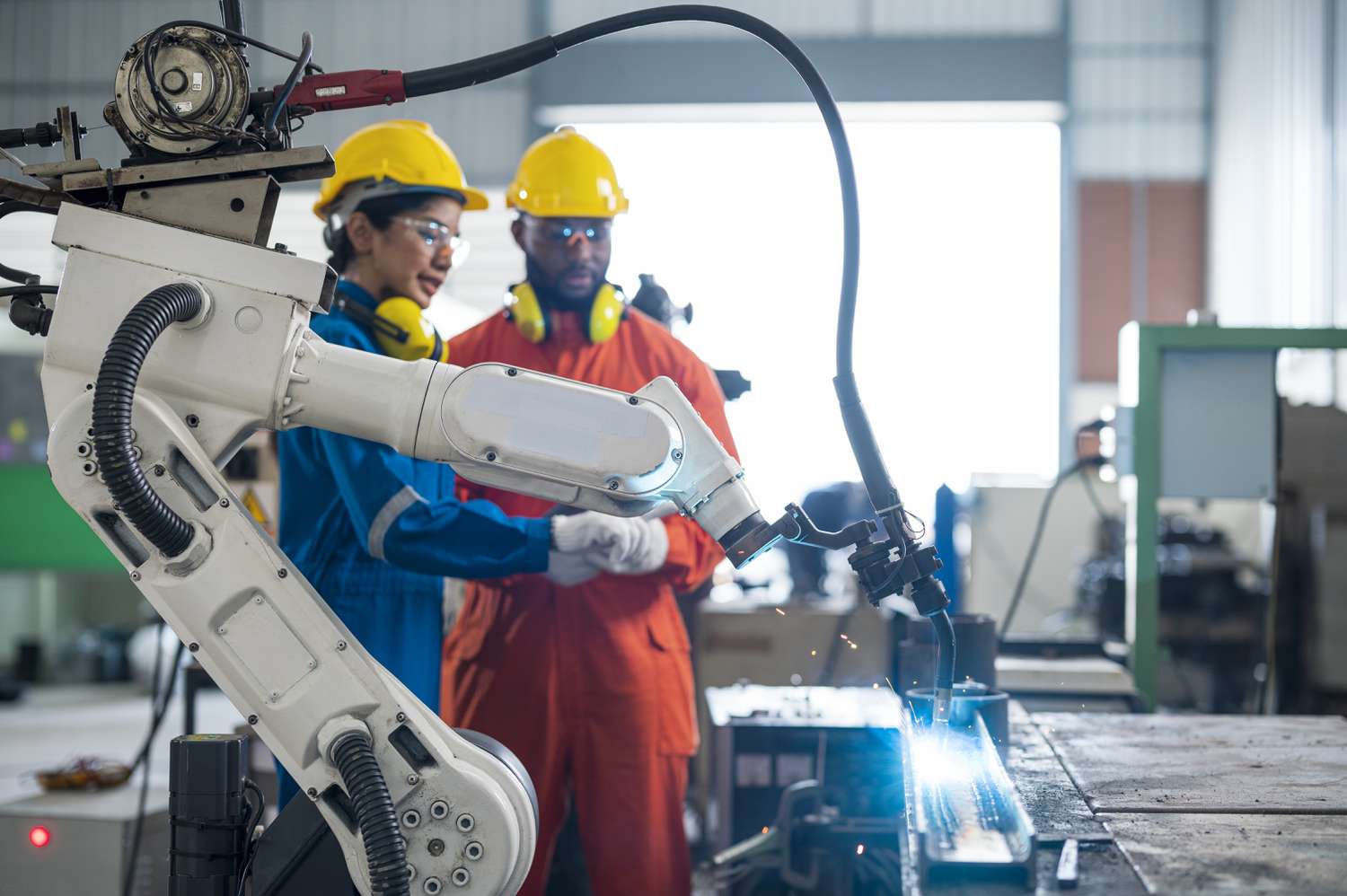 Two engineers looking at a robotic arm working in a factory.