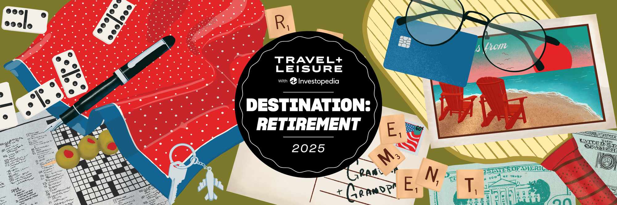 Illustration showing novelty items used during retirement, such as board games, letters, and crossword puzzles.