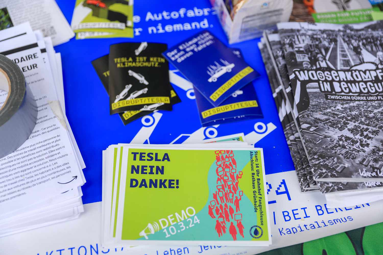 Leaflets at an activists camp in a forest near the Tesla Inc. Gigafactory, protesting the factory's potential expansion, in Gruenheide, Germany, on Tuesday, March 5, 2024.