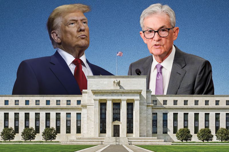 In this photo composite, the Federal Reserve building sits in front of Donald Trump and Jerome Powell.