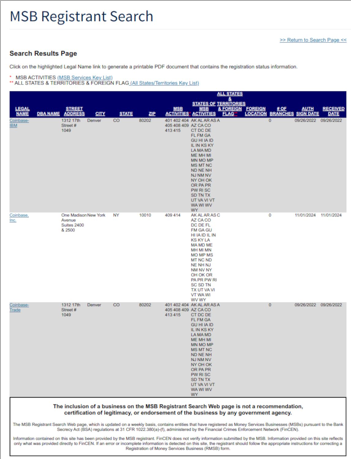 Coinbase MSB search