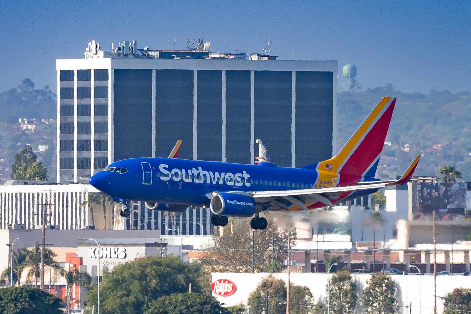 Southwest Airlines Boeing 737-752 arrives at Los Angeles International Airport during Memorial Day weekend on May 24, 2024
