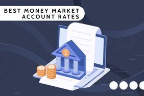 Investopedia custom visual asset shows a laptop with a piece of paper and a bank sitting on the keyboard, with two stacks of money sitting to the left of the bank. The title reads "Best Money Market Account Rates."