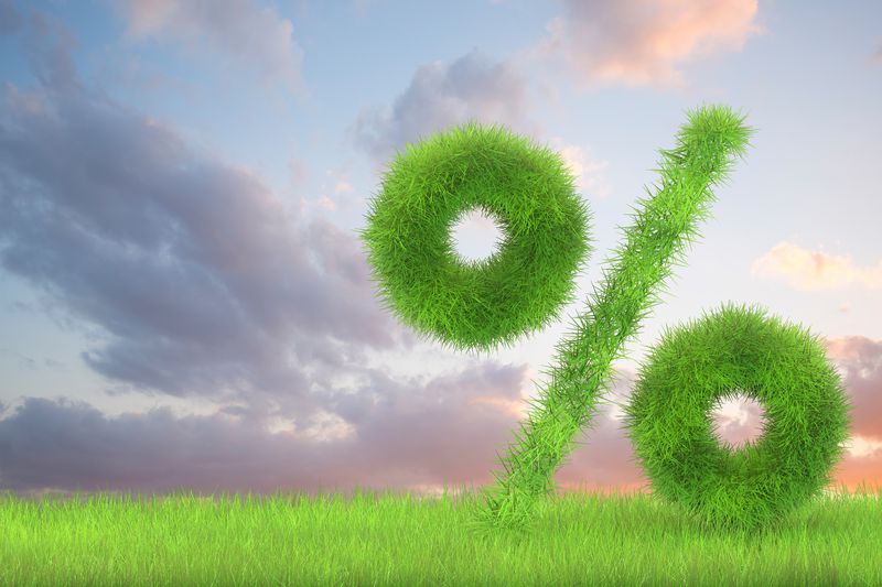 A percentage sign made of grass on a cloudy backdrop