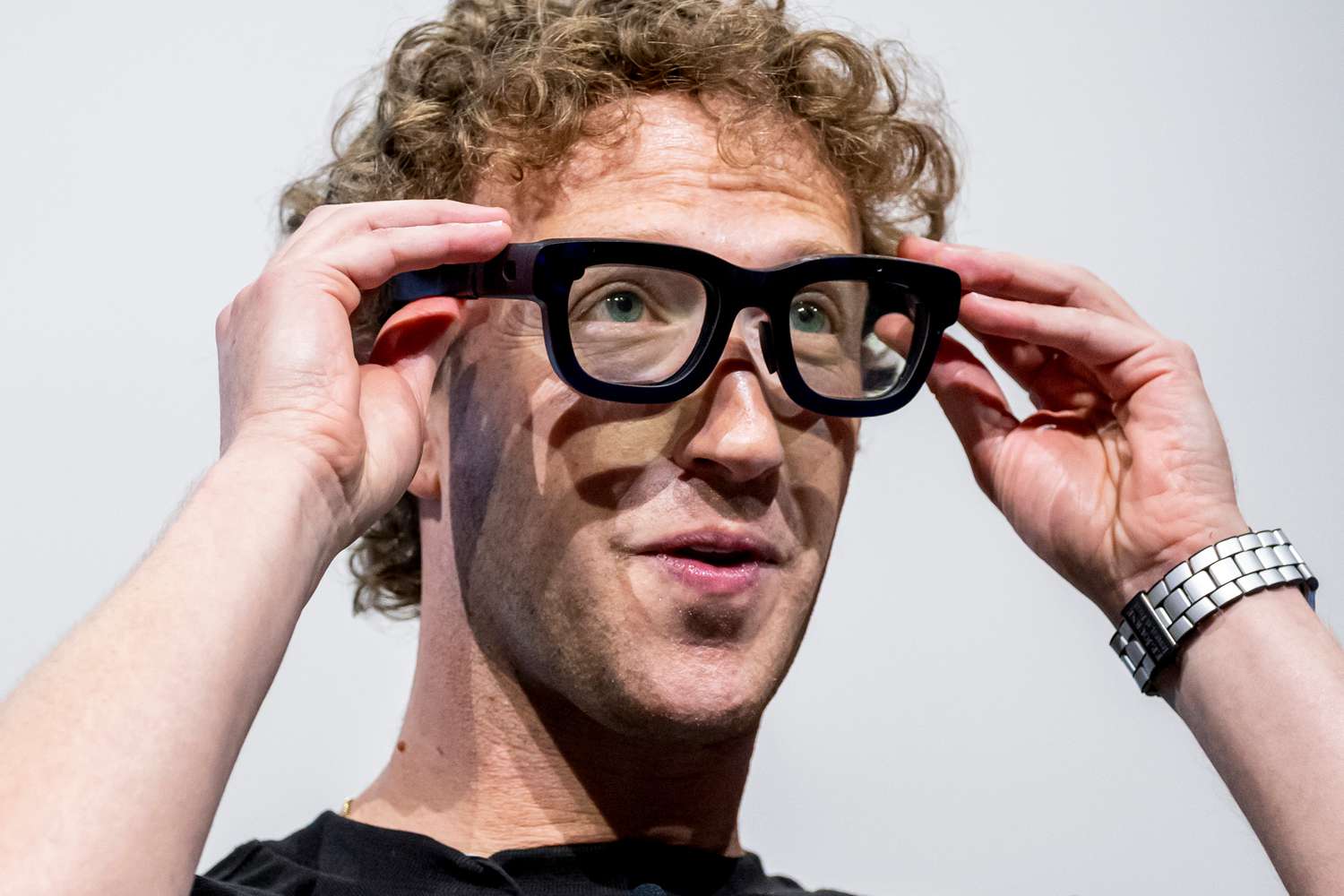 Mark Zuckerberg, chief executive officer of Meta Platforms Inc., wears Orion augmented reality (AR) glasses during the Meta Connect event in Menlo Park, California, US, on Wednesday, Sept. 25, 2024.