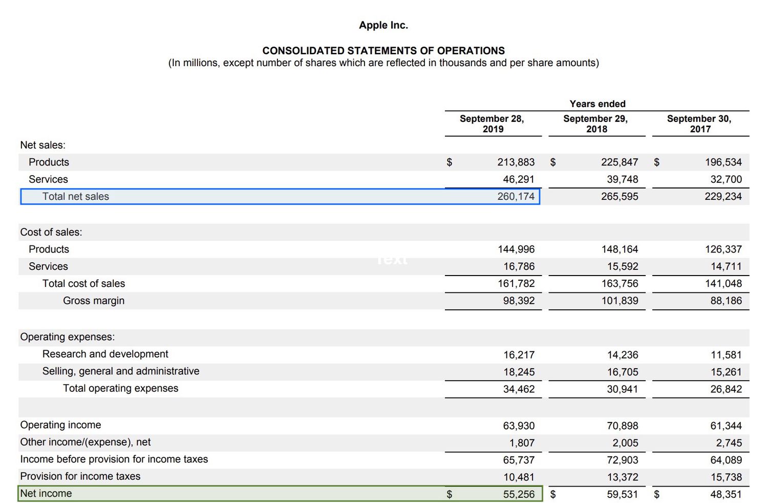 Return on revenue example using Apple Inc. income statement