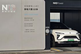 A NIO electric car gets its battery swapped at a NIO Power battery swap station in Yantai in east China's Shandong province