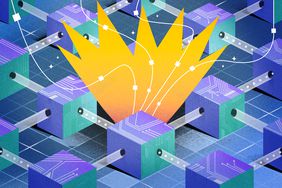 Blockchain illustration with yellow lightning popping out.