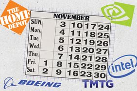 Illustrated collage of November 2024 calendar surrounded by the logos of Nvidia, Home Depot, Intel, Boeing, and Trump Media & Technology Group.