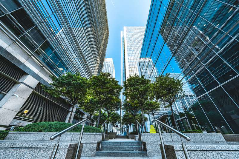 Modern cityscape with glass buildings and rows of trees lining a stepped pathway