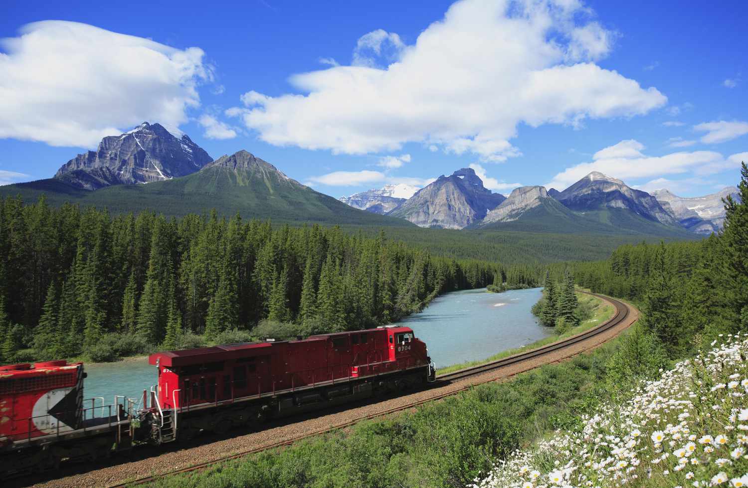 Train travelling through Canadian Rockies