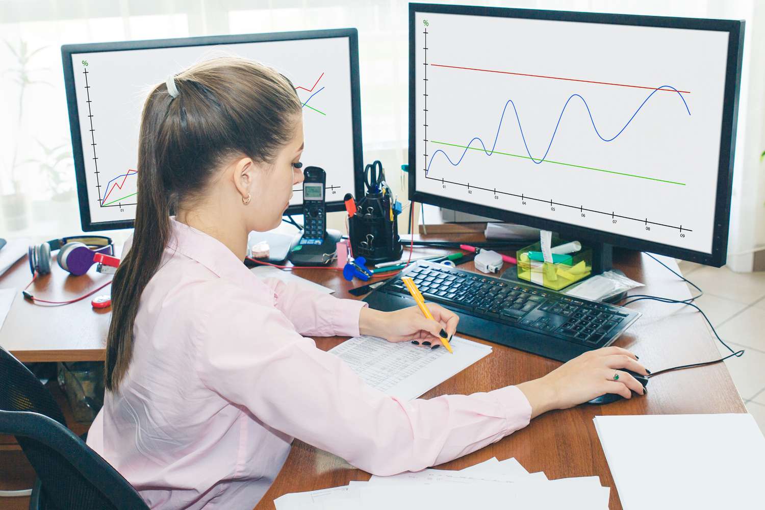 An option trader works a desk using charting software to visual the swap curve of a security over a 10-year period.