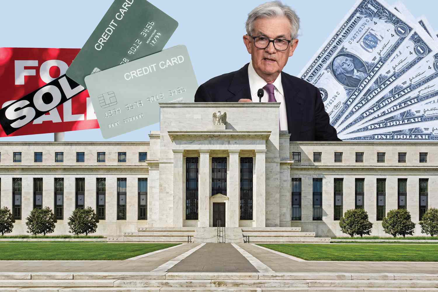 An illustration shows Jerome Powell over the Federal Reserve building and money, credit cards and a for sale sign in the background. 