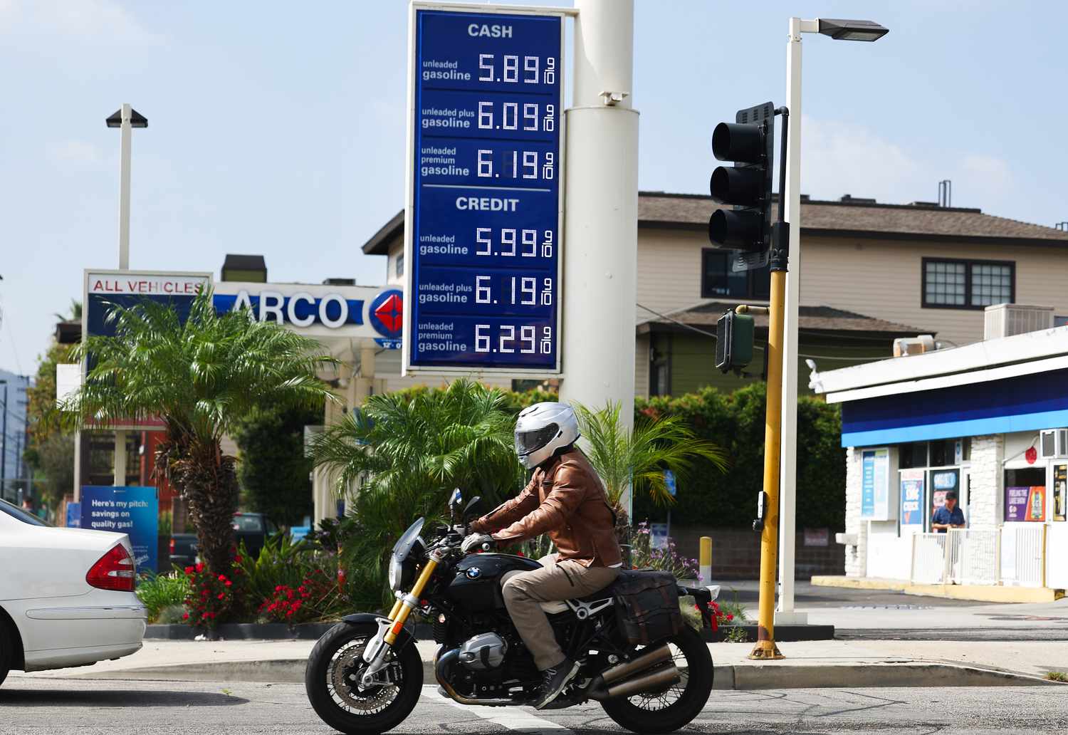 Gas prices are displayed at an Arco station on Sept. 19, 2023, in Burbank, California. 