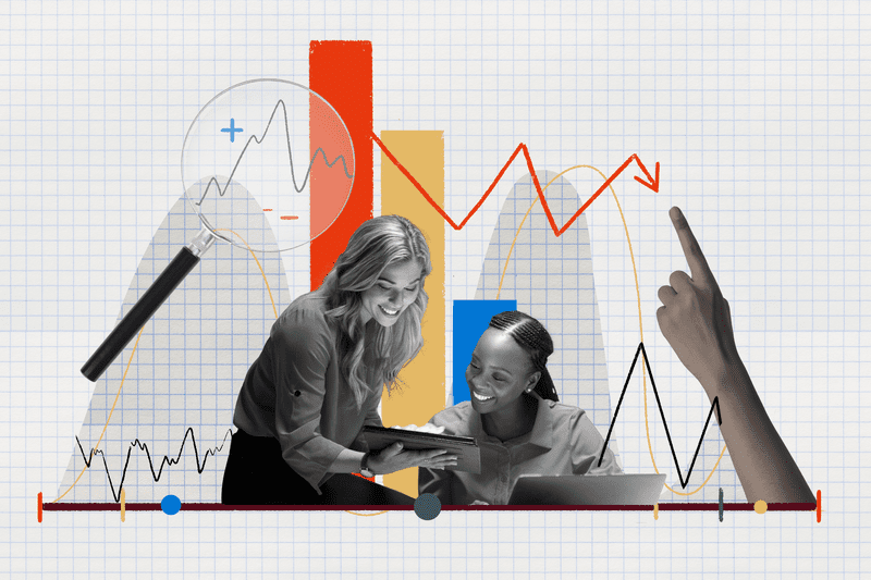 Photo and illustration composite of two people reviewing an investment portfolio on a tablet. 