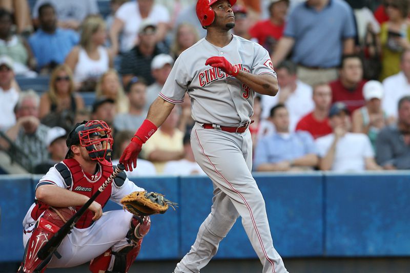 Ken Griffey, Jr. #3 of the Cincinnati Reds hits a second inning home run against the Atlanta Braves at Turner Field on July 16, 2007 in Atlanta, Georgia. The Reds defeated The Braves 10-3. The home run was career #587, making Griffey sixth in MLB career home runs.