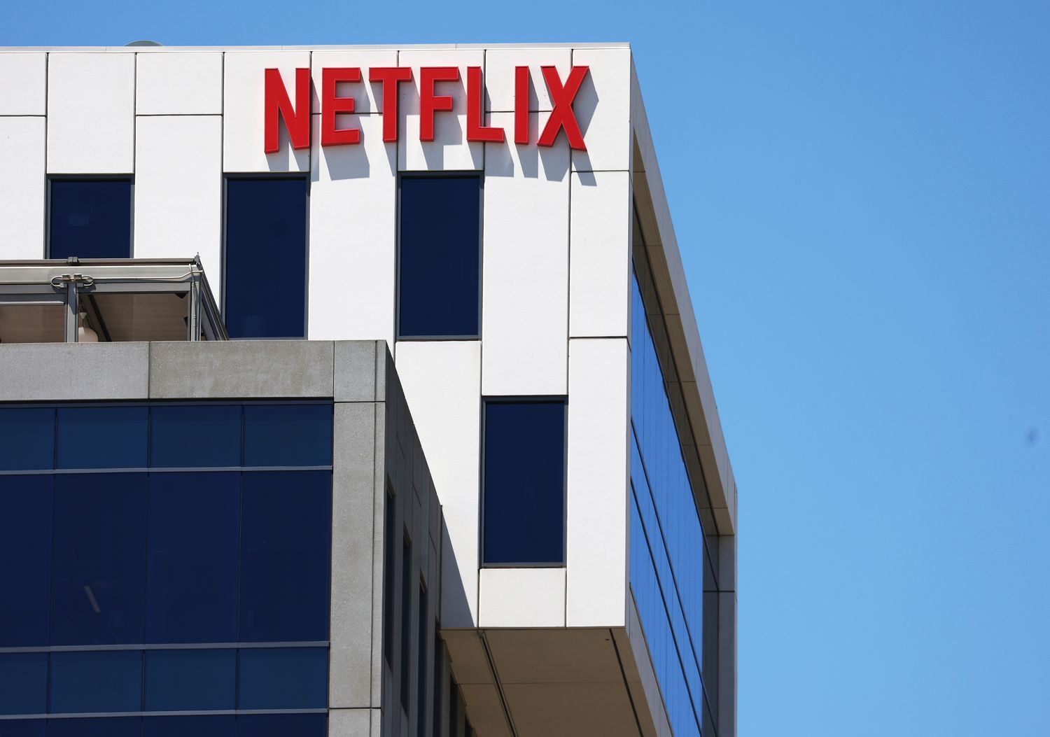 The Netflix logo on display on a company building.