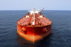 An aerial photograph of an oil tanker. 