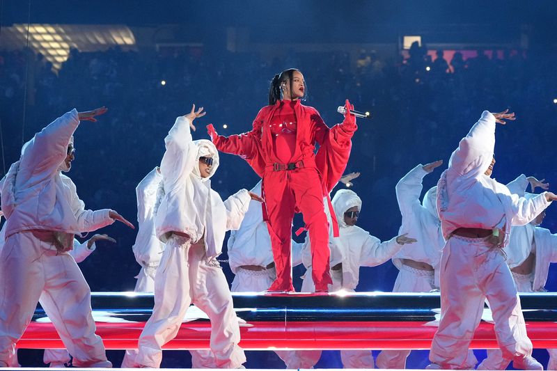 Rihanna performs during the halftime show at Super Bowl LVII